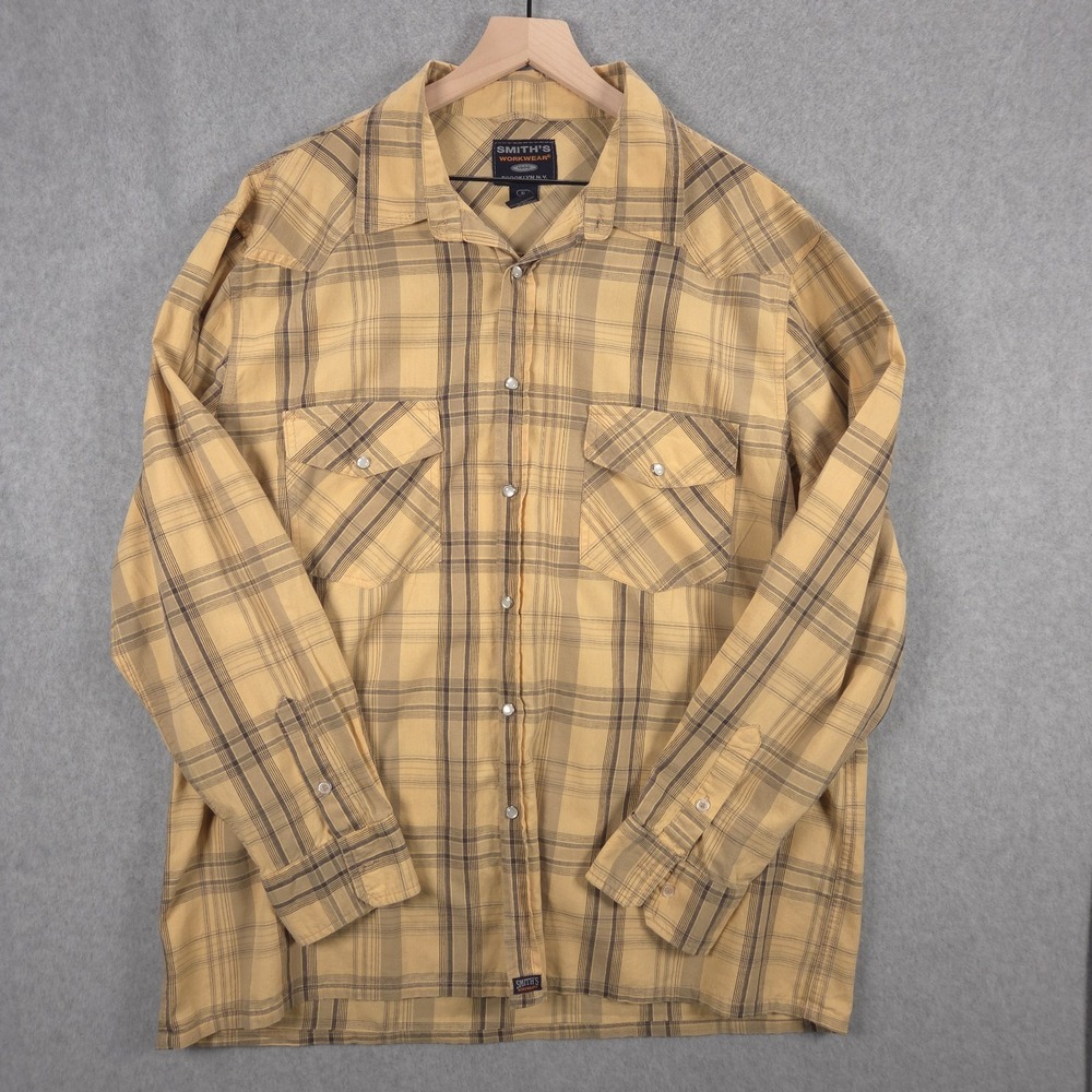 Smiths Workwear Mens Size XL Yellow Gray Plaid Pearl Snap Cowboy Rancher Shirt